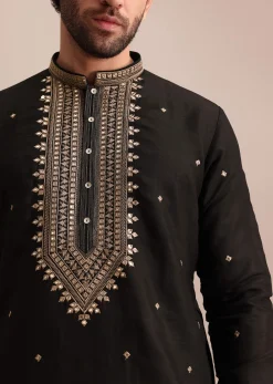 Black Silk Kurta Set With Abla Work For Men