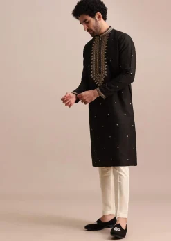 Black Silk Kurta Set With Abla Work For Men