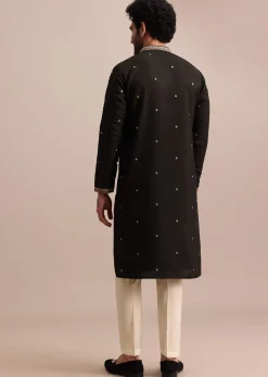 Black Silk Kurta Set With Abla Work For Men