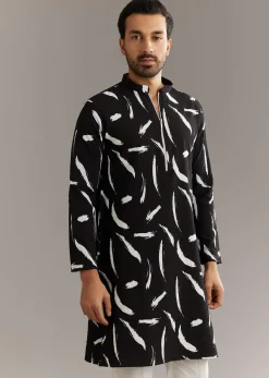 Black Silk Kurta Set With Abstract Prints