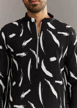 Black Silk Kurta Set With Abstract Prints