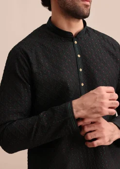 Black Silk Kurta Set With Threadwork For Men