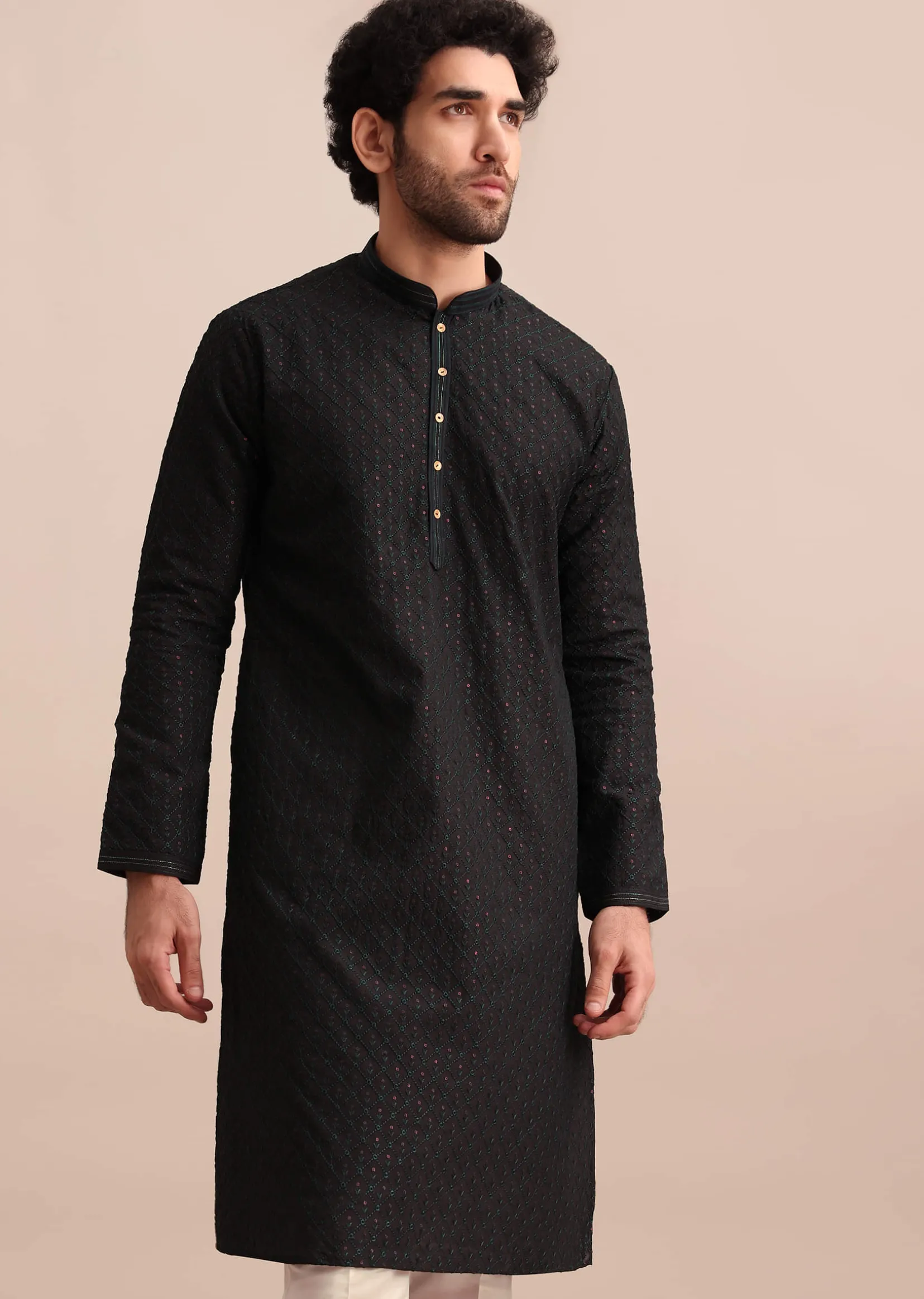 Black Silk Kurta Set With Threadwork For Men