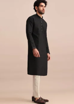 Black Silk Kurta Set With Threadwork For Men