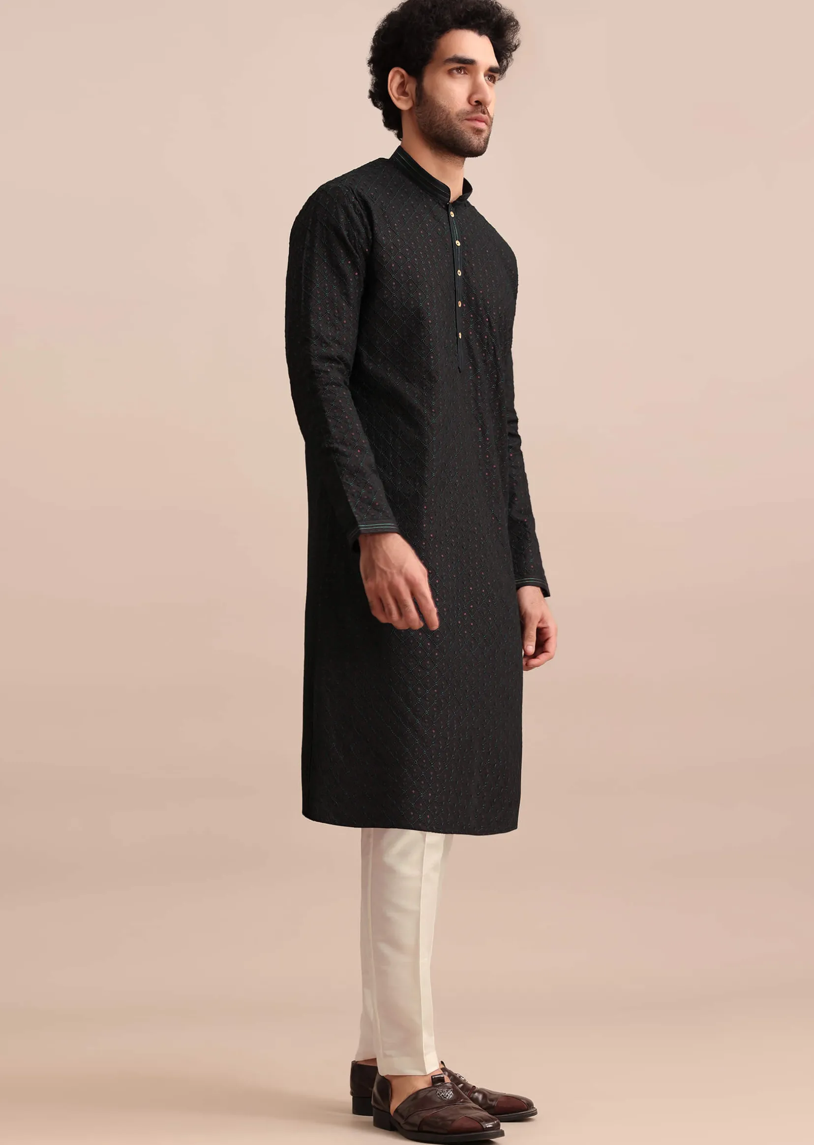 Black Silk Kurta Set With Threadwork For Men