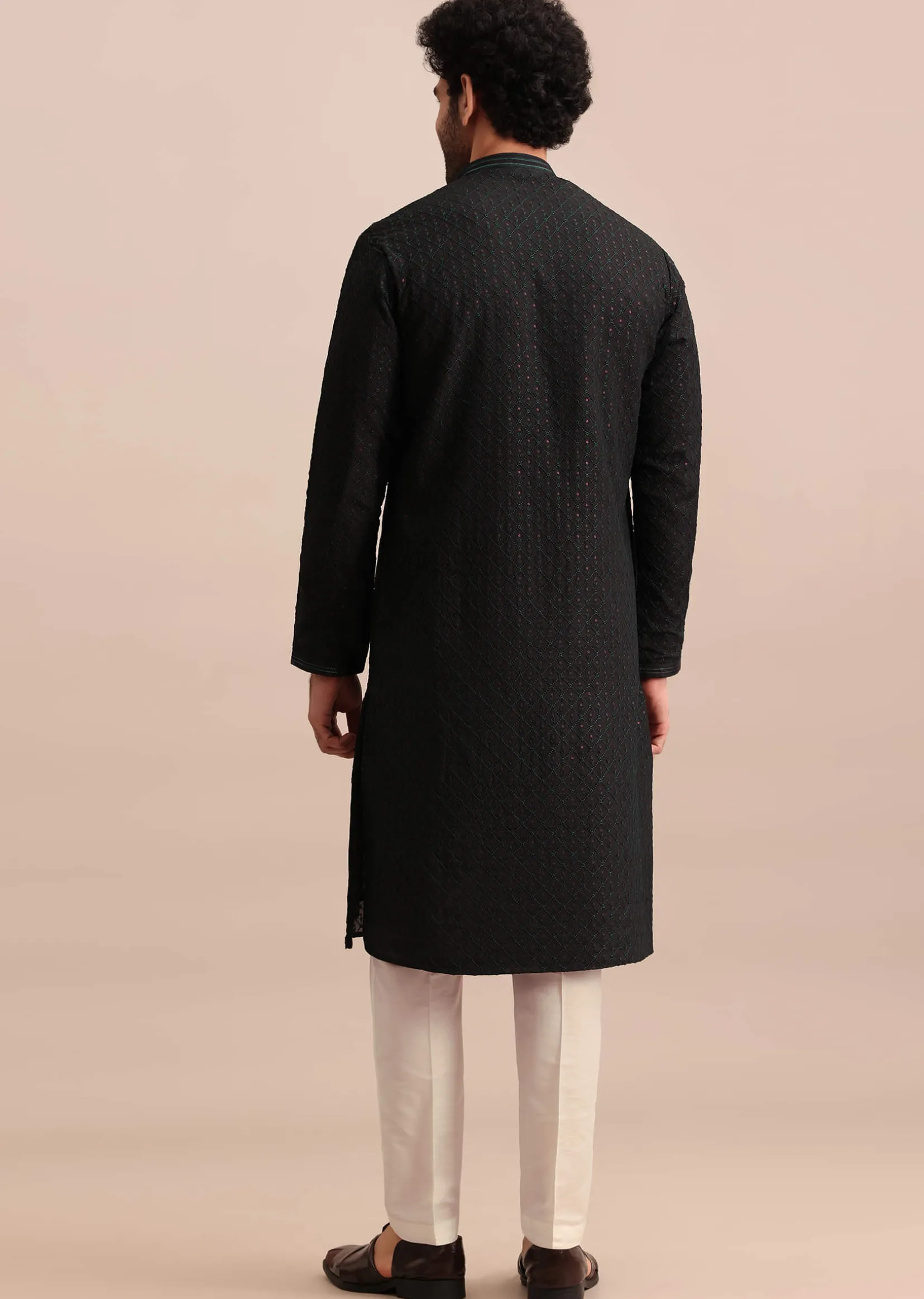 Black Silk Kurta Set With Threadwork For Men