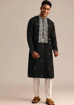 Black Silk Kurta Set With Hand Embroidered Yoke