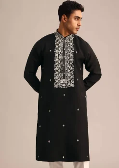 Black Silk Kurta Set With Hand Embroidered Yoke