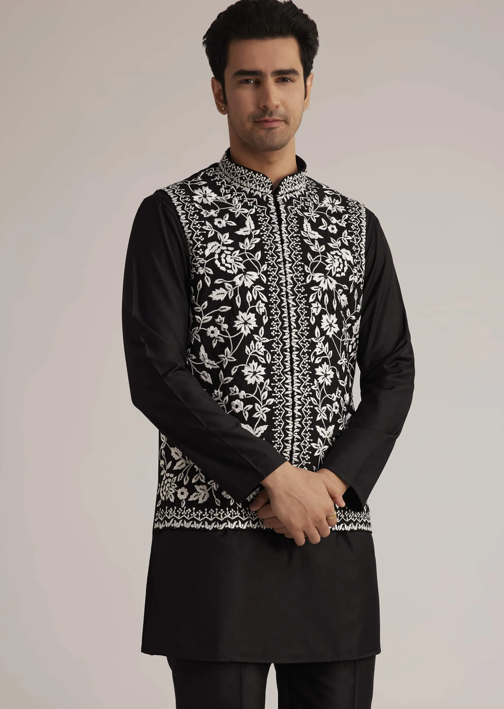 Black Silk Kurta Set With Embroidered Nehru Jacket