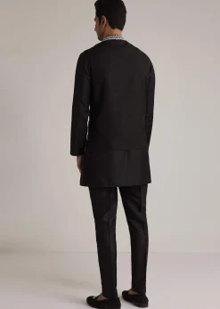 Black Silk Kurta Set With Embroidered Nehru Jacket