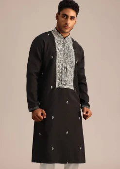 Black Silk Mandarin Collar Kurta Set With Embroidered Yoke