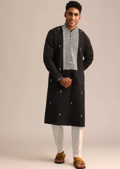Black Silk Mandarin Collar Kurta Set With Embroidered Yoke