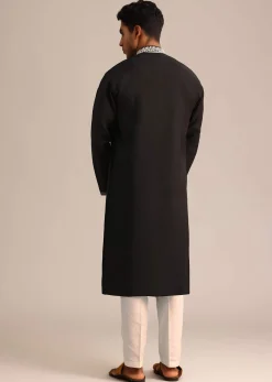 Black Silk Mandarin Collar Kurta Set With Embroidered Yoke