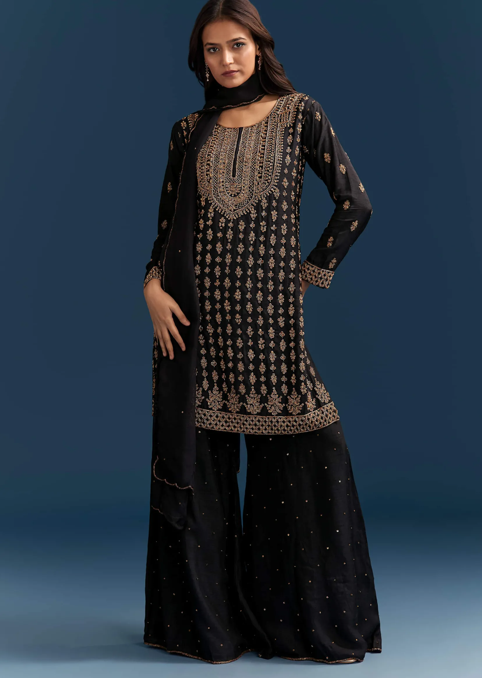 Black Silk Palazzo Suit With Embroidered Cut Dana Work And Dupatta