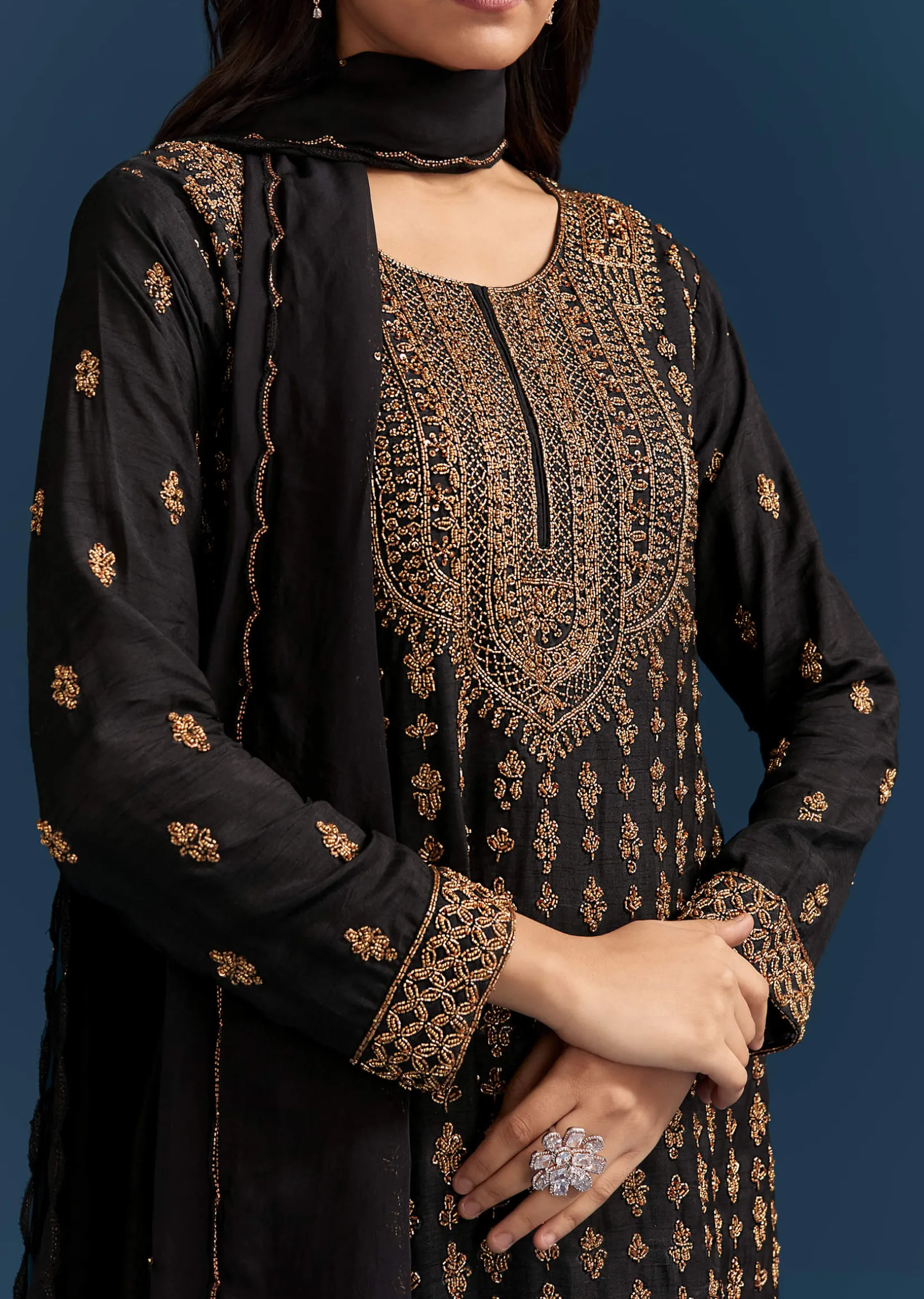 Black Silk Palazzo Suit With Embroidered Cut Dana Work And Dupatta