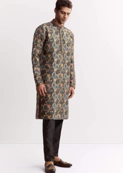 Black Silk Printed Kurta Set