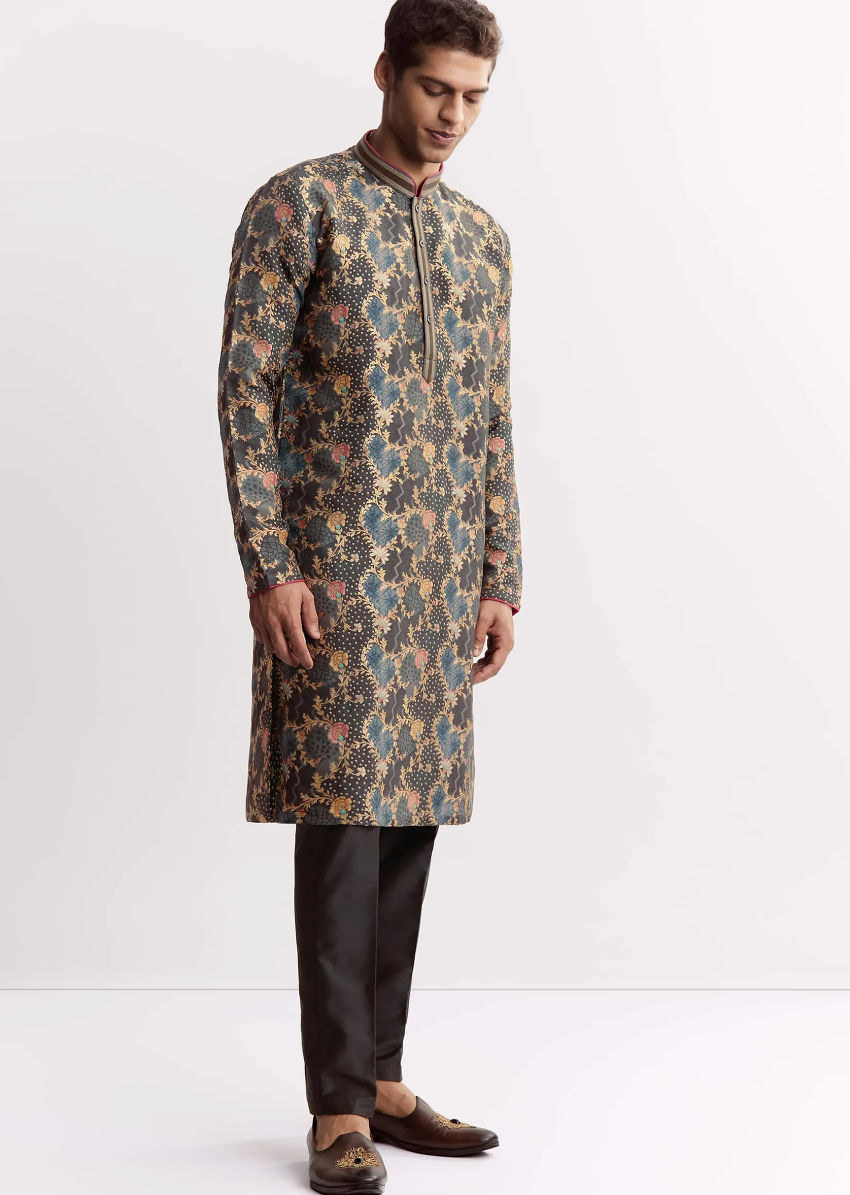 Black Silk Printed Kurta Set