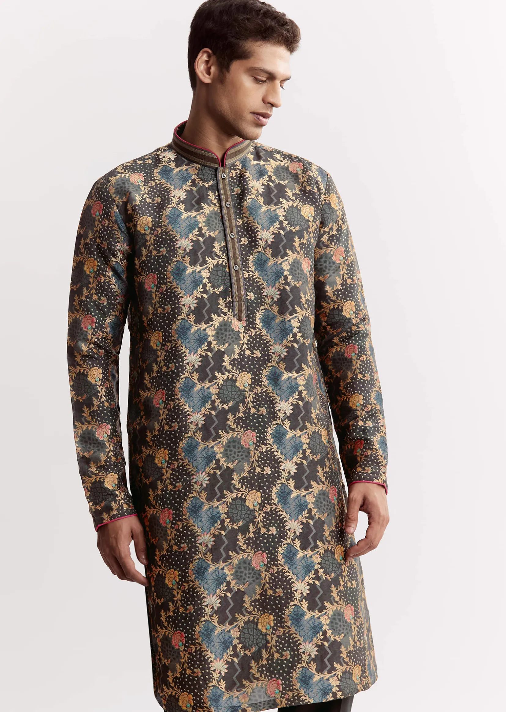Black Silk Printed Kurta Set