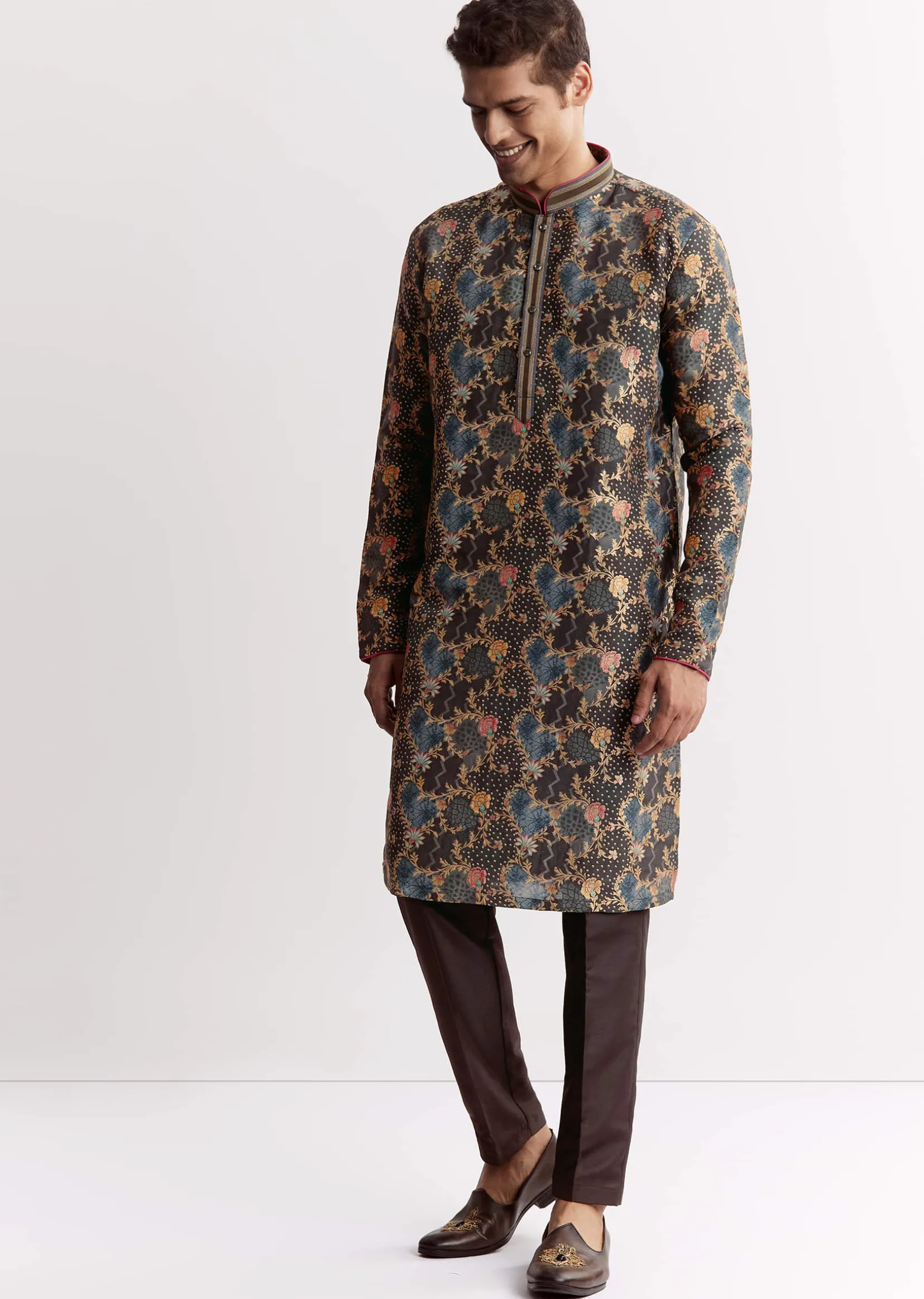 Black Silk Printed Kurta Set