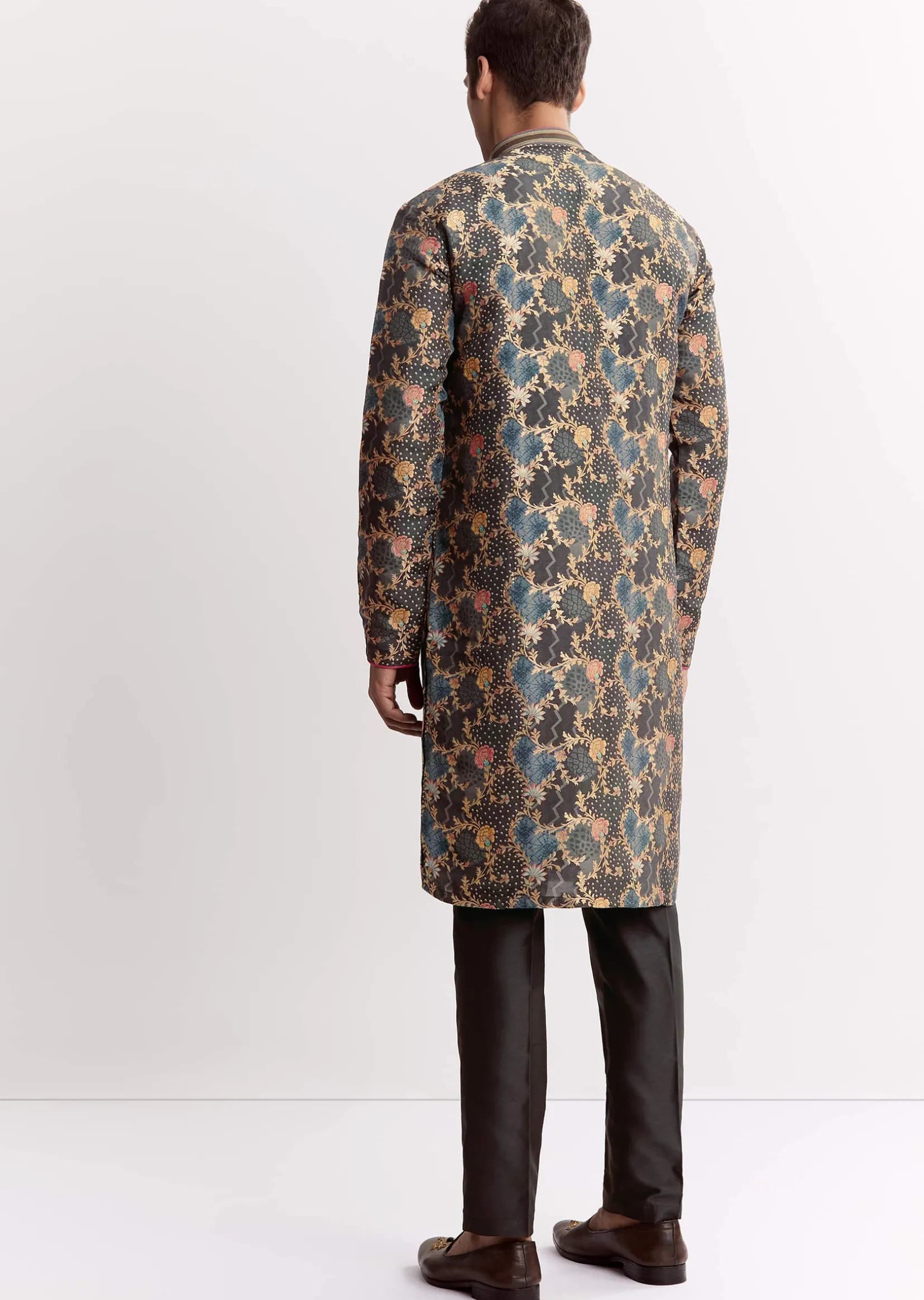 Black Silk Printed Kurta Set