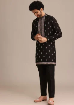 Black Silk Resham Embroidered Kurta Jacket Set