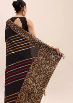 Black Silk Saree In Butta Work With Unstitched Blouse