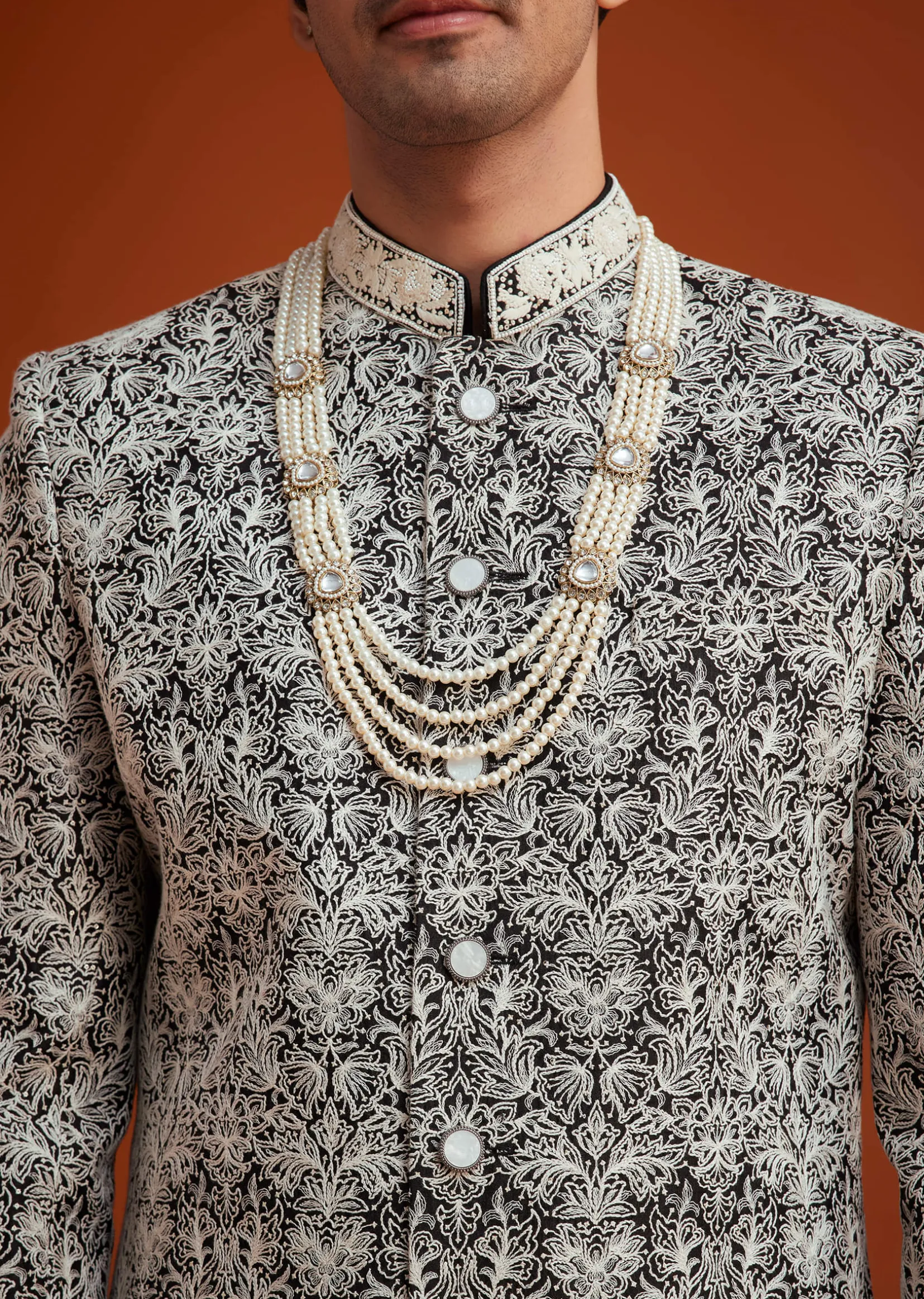 Black Silk Sherwani Set With Bead Work And Embroidery