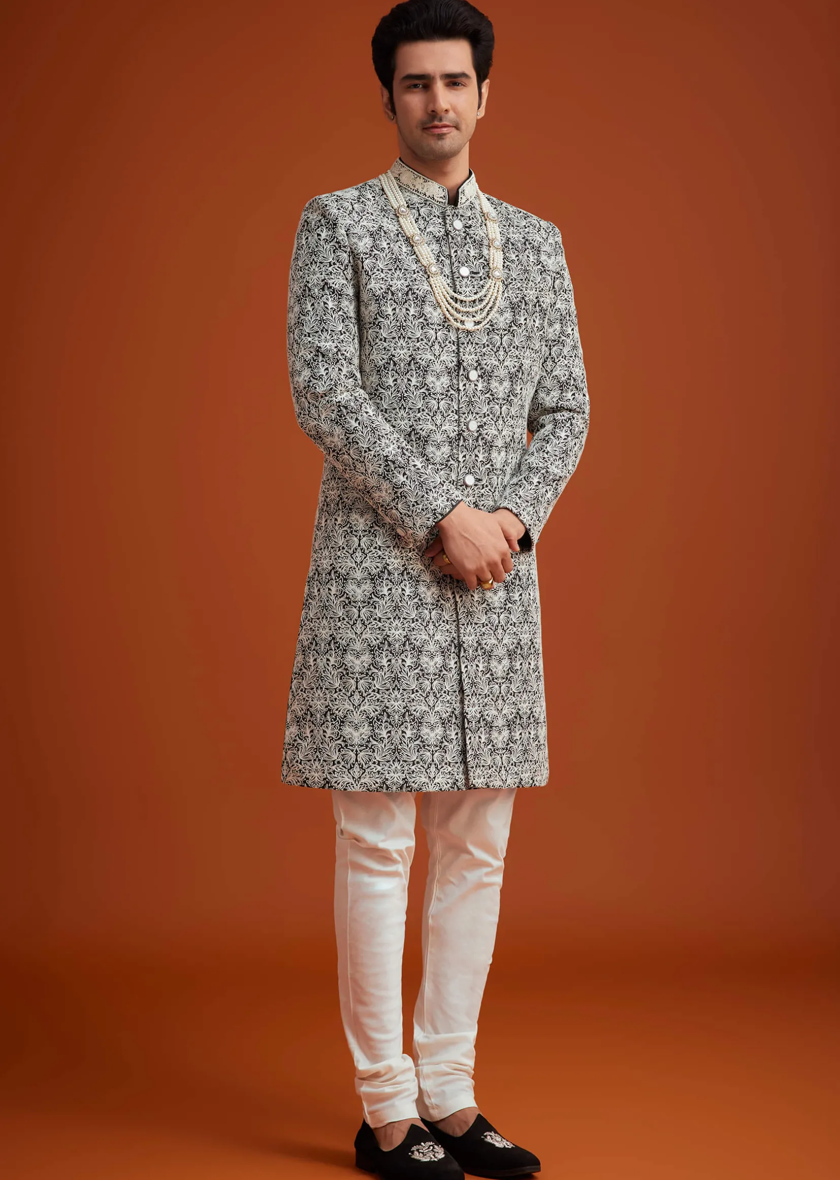 Black Silk Sherwani Set With Bead Work And Embroidery
