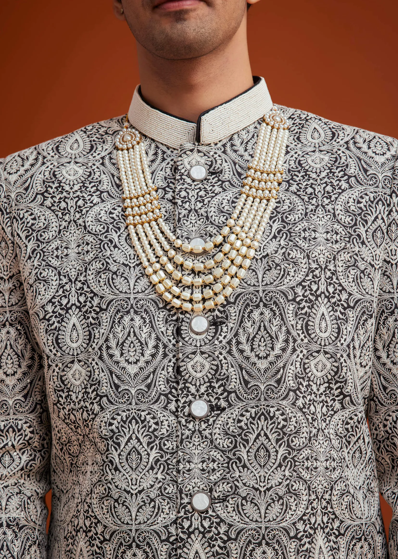 Black Silk Sherwani Set With Embroidery And Bead Work
