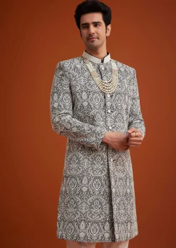 Black Silk Sherwani Set With Embroidery And Bead Work