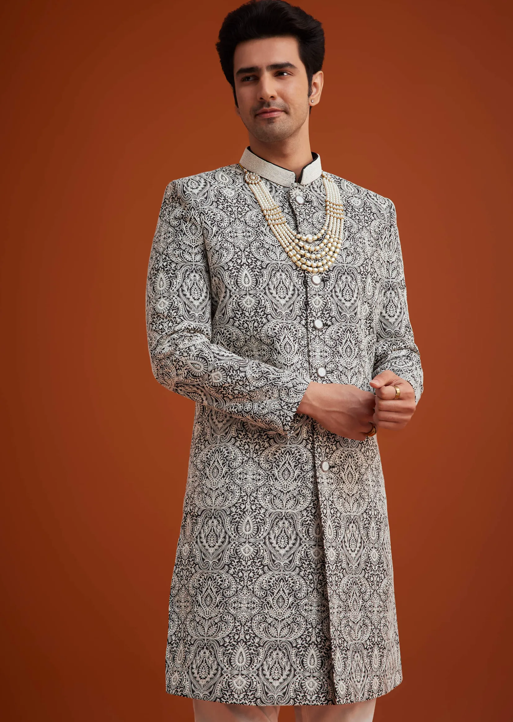 Black Silk Sherwani Set With Embroidery And Bead Work