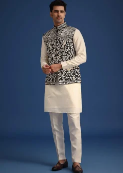 Black Silk Thread Work Jacket And Kurta Set