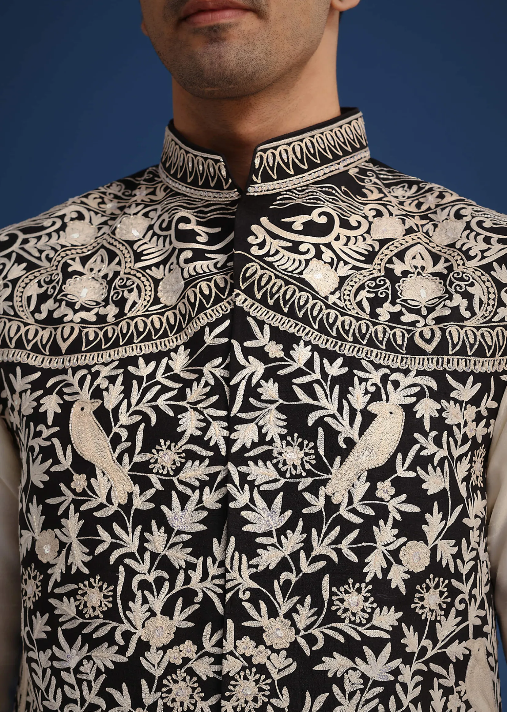 Black Silk Thread Work Jacket And Kurta Set