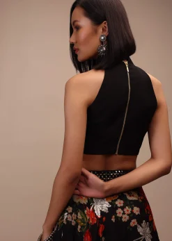 Black Sleeveless Blouse In A High Collar And A Halter Neckline Padded And Back-Zip Closure