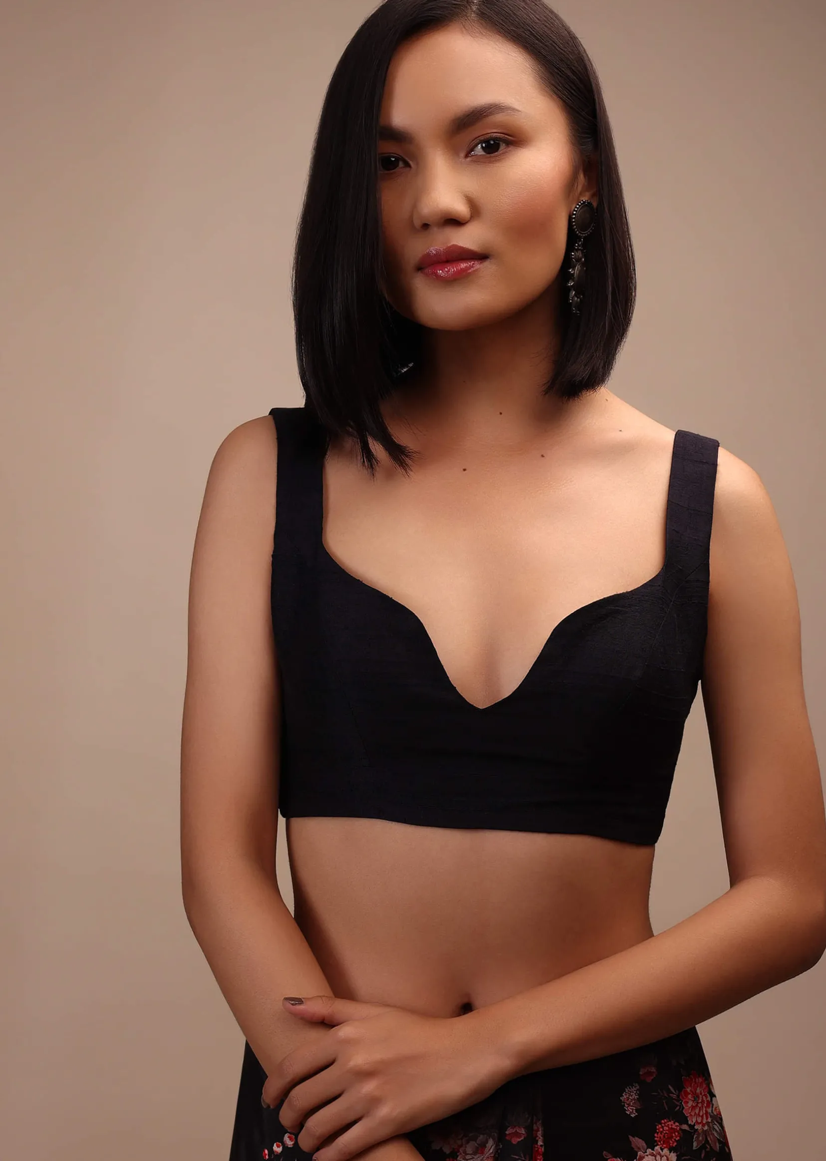 Black Sleeveless Blouse In Raw Silk With Sweetheart Neckline Thick Strap With Back Hook Closure