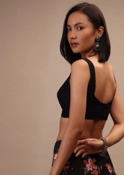 Black Sleeveless Blouse In Raw Silk With Sweetheart Neckline Thick Strap With Back Hook Closure