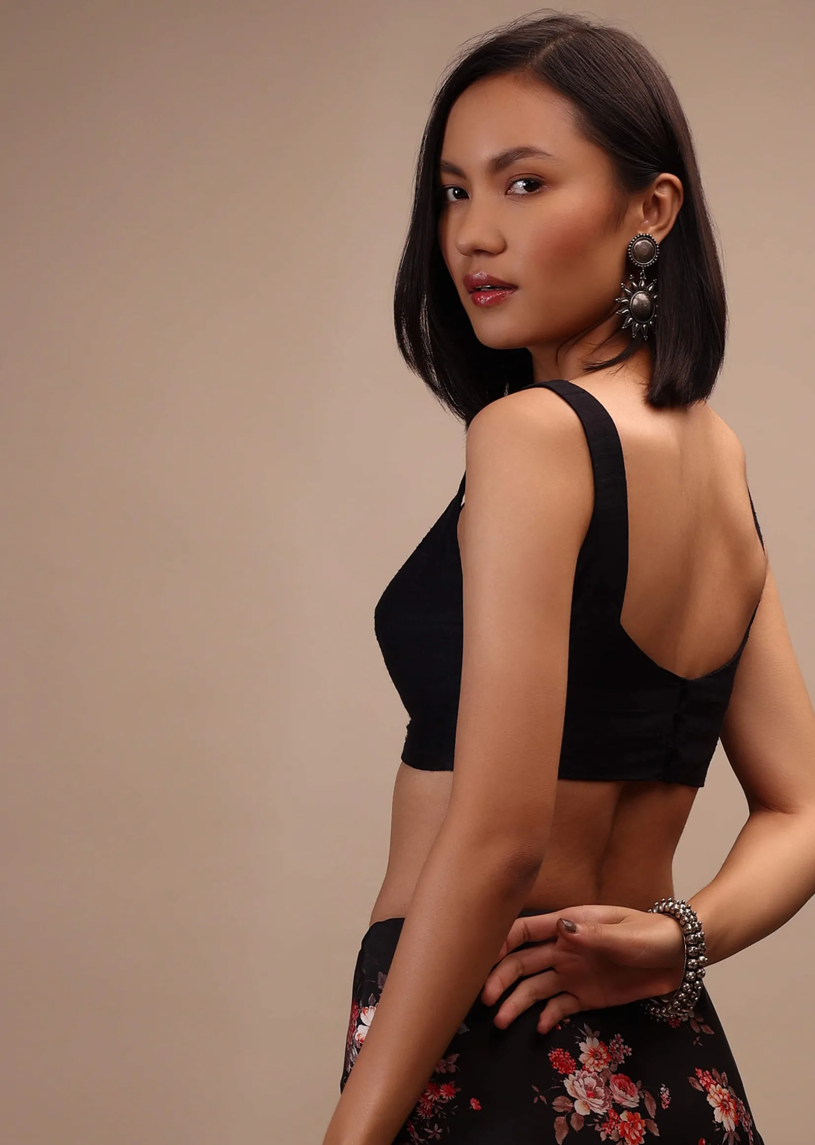 Black Sleeveless Blouse In Raw Silk With Sweetheart Neckline Thick Strap With Back Hook Closure