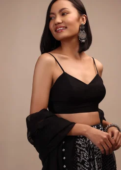 Black Spaghetti Sleeve Blouse In Raw Silk With A Sweetheart Neckline