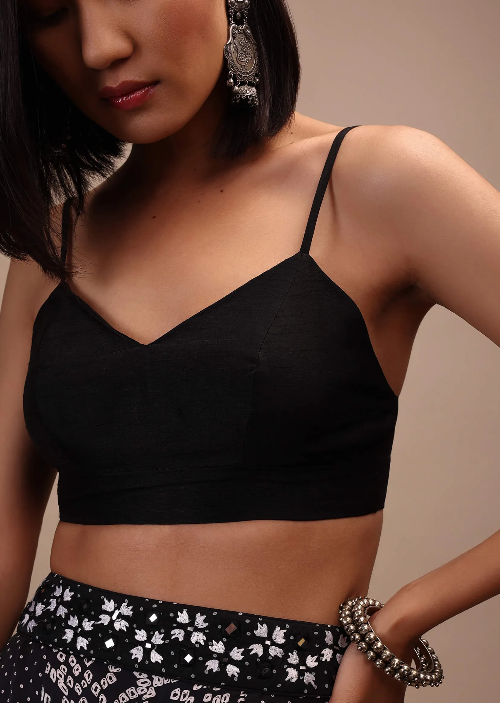 Black Spaghetti Sleeve Blouse In Raw Silk With A Sweetheart Neckline