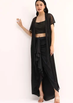 Black Stone Embroidered Silk Crop Top Set With Jacket