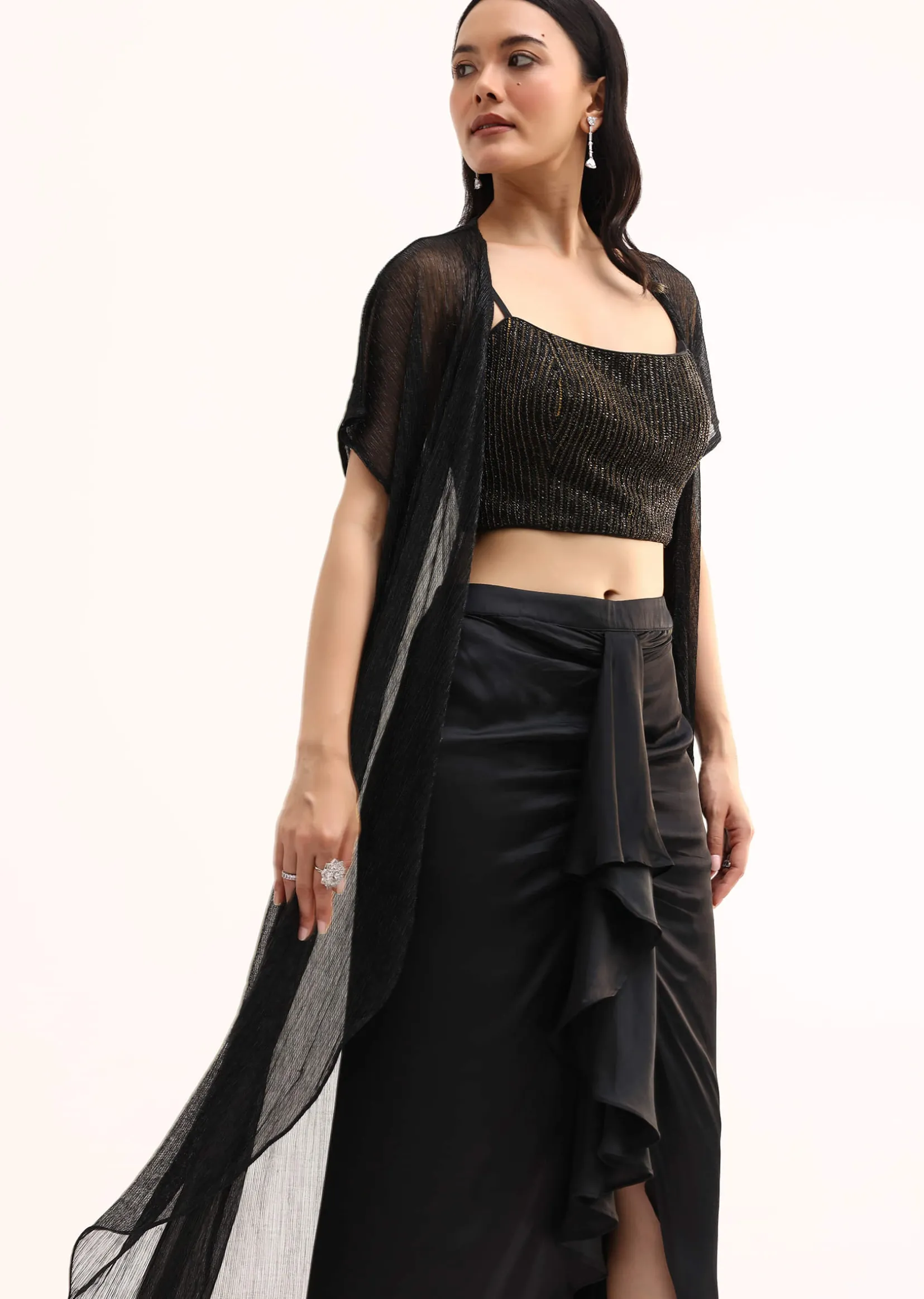 Black Stone Embroidered Silk Crop Top Set With Jacket