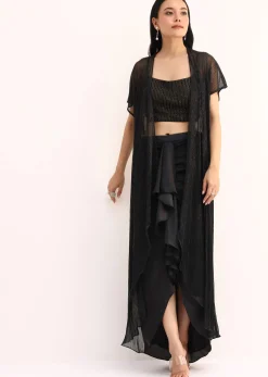 Black Stone Embroidered Silk Crop Top Set With Jacket