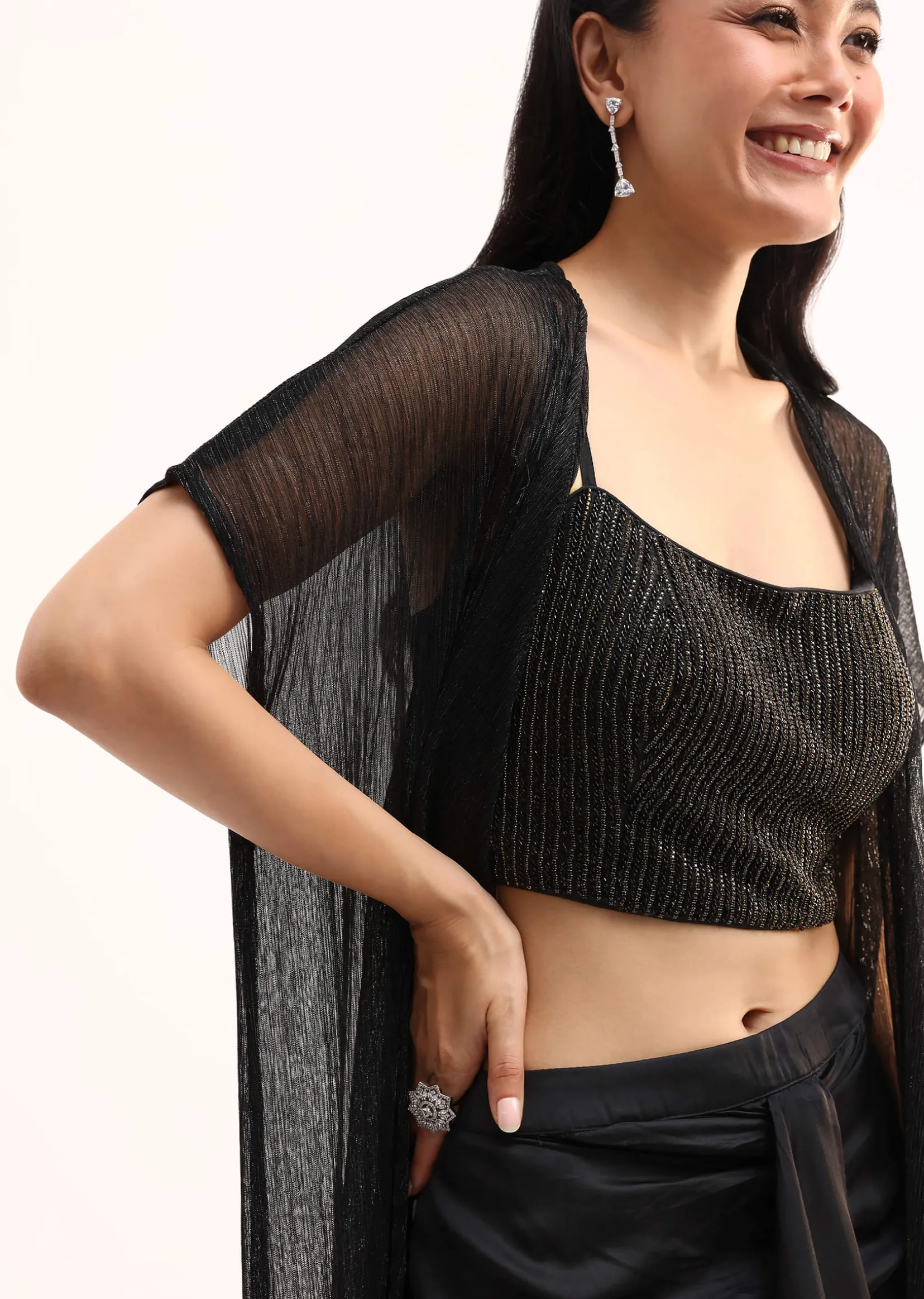 Black Stone Embroidered Silk Crop Top Set With Jacket