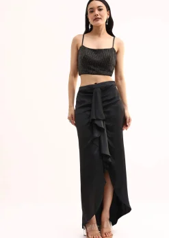 Black Stone Embroidered Silk Crop Top Set With Jacket