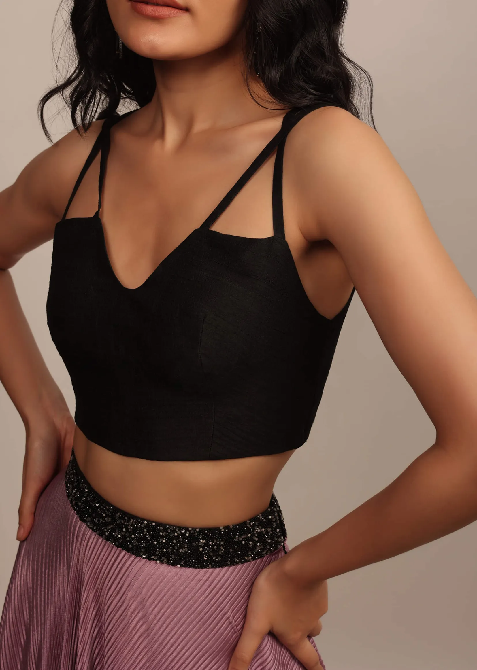Black Strappy Sleeveless Raw Silk Blouse With V Neckline