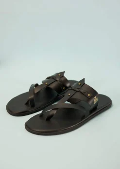 Black Strappy Slides For Men In Leather With Buttons