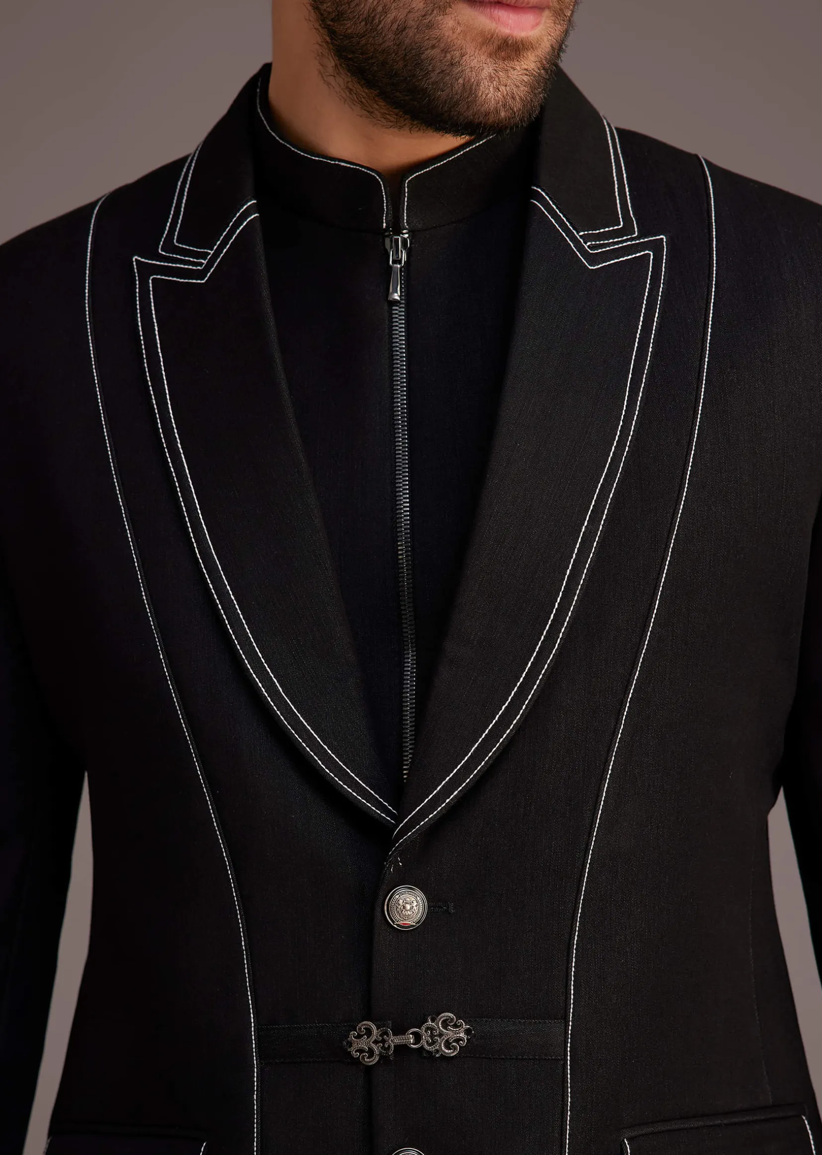 Black Suit With White Piping And Chain Detail