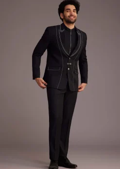 Black Suit With White Piping And Chain Detail