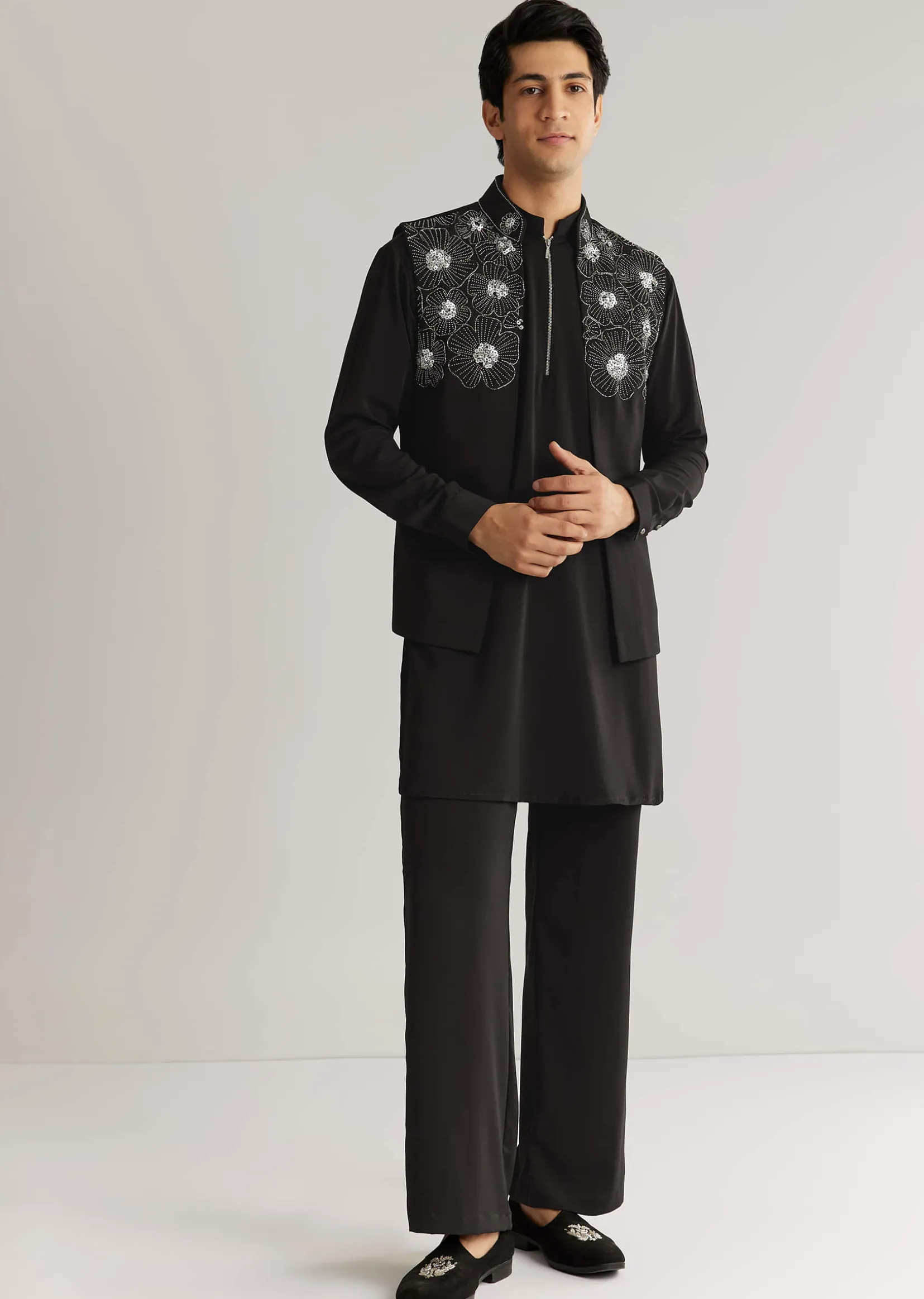 Black Suiting Cutdana Sequins Floral Kurta Jacket Set