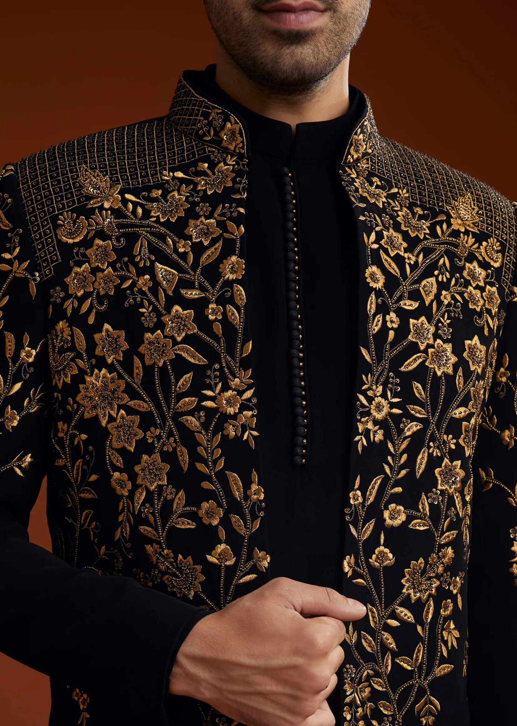 Black Suiting Indo Jacket Set With Zardosi Floral Embroidery